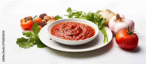 A dish of plum tomato sauce sits on a white plate, surrounded by colorful leaf vegetables and bush tomatoes. The vibrant assortment of ingredients makes for a delicious and visually appealing meal