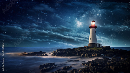 Lighthouse on the seaside at night