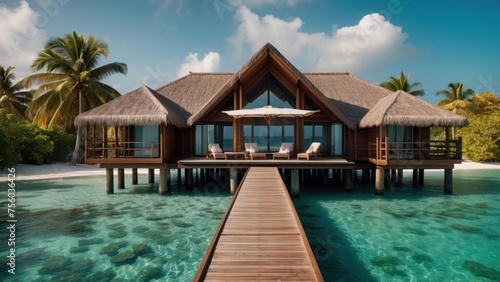 Sumptuous beachfront retreat on the idyllic shores of the Maldives  boasting unparalleled views of turquoise waters and overwater bungalows with direct access to the Ocean
