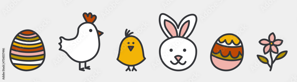 Set of cute and colorful Easter vector illustrations - bunny, egg, chick, chicken, flower
