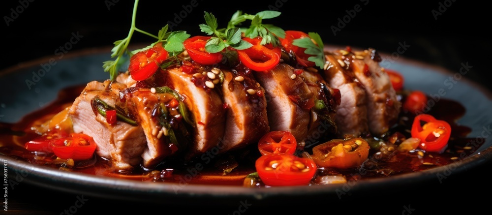 A closeup shot of a beautifully arranged plate of food featuring a delicious combination of meat and vegetables on a table, perfect for a special event or dinner party