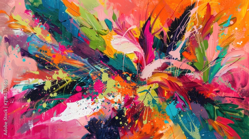 Celebrating holi festival. A vibrant, abstract explosion of tropical colors, with splashes of hot pink, vivid orange, and lime green. colorful background