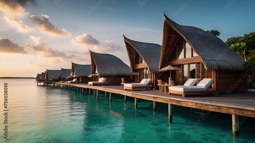 Sumptuous beachfront retreat on the idyllic shores of the Maldives, boasting unparalleled views of turquoise waters and overwater bungalows with direct access to the Ocean - obrazy, fototapety, plakaty 