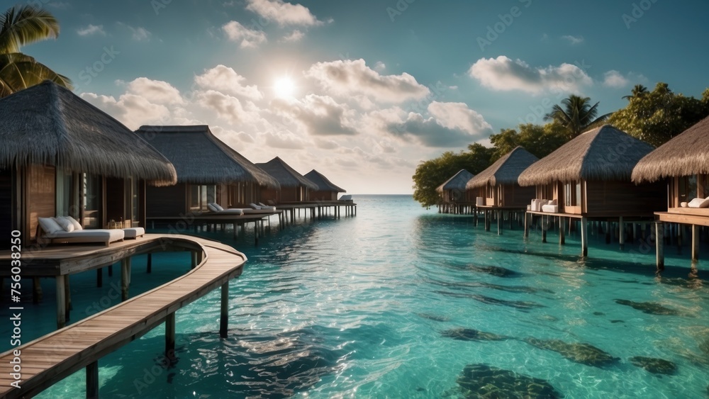 Sumptuous beachfront retreat on the idyllic shores of the Maldives, boasting unparalleled views of turquoise waters and overwater bungalows with direct access to the Ocean