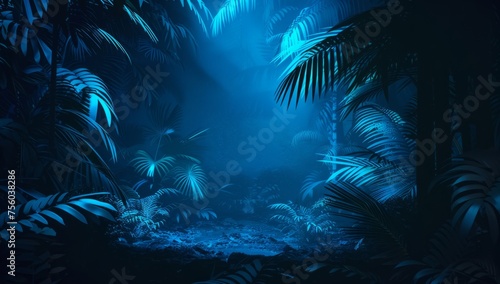 Fototapeta Naklejka Na Ścianę i Meble -  Dark jungle with blue neon lines and palm leaves mysterious atmosphere nighttime scene Generative AI