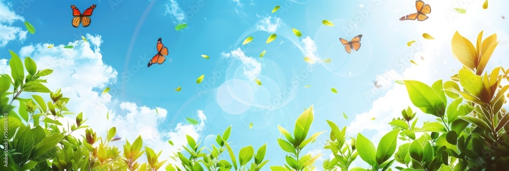 green plants with butterflies flying above on blue sky background banner