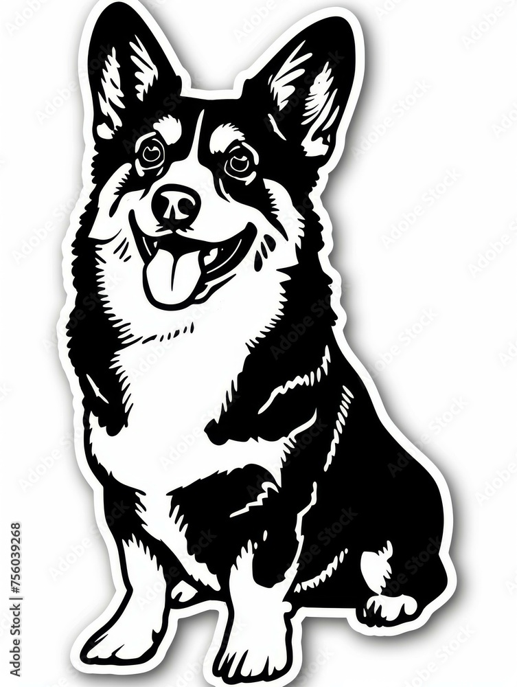 Lovable corgi with a fluffy coat and intelligent gaze in a sticker, ideal for pet adoption promotion.
