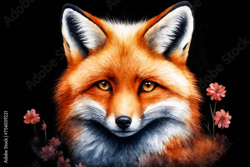 Wallpaper Mural Charming cute red fox with flowers on a black background. Beautiful watercolor illustration. Portrait of a wild forest animal, suitable for clothes, posters, books. Torontodigital.ca