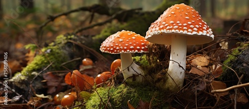 Two agaricaceae mushrooms, one red and one white, are emerging from the ground in the natural woodland landscape, surrounded by grass, fawn, and other terrestrial plants