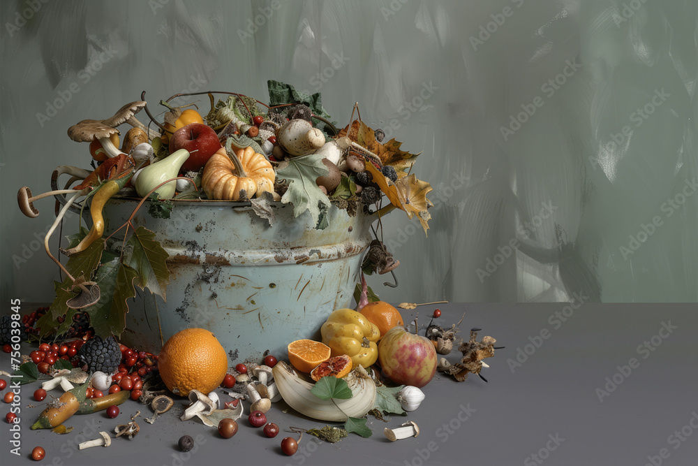 Fototapeta premium Generative AI, food waste compost in old metal basket, environmental background, kitchen waste