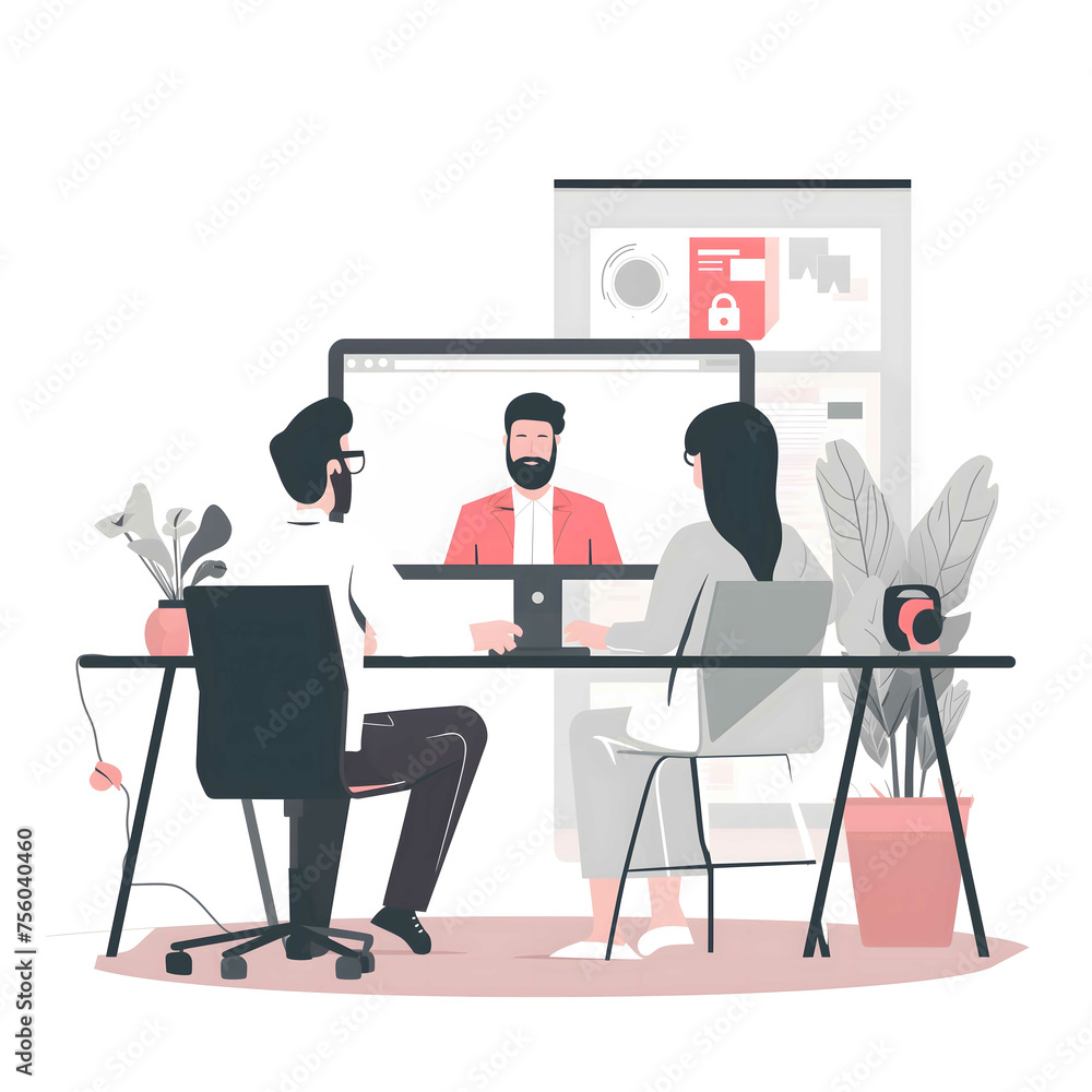 A collaborative group working together in a shared workspace, against a white background, illustrated by AI generation.