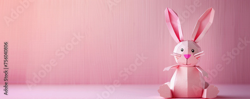 Cute pink rabbit pink background papercraft handcraft 3d render copy space illustration