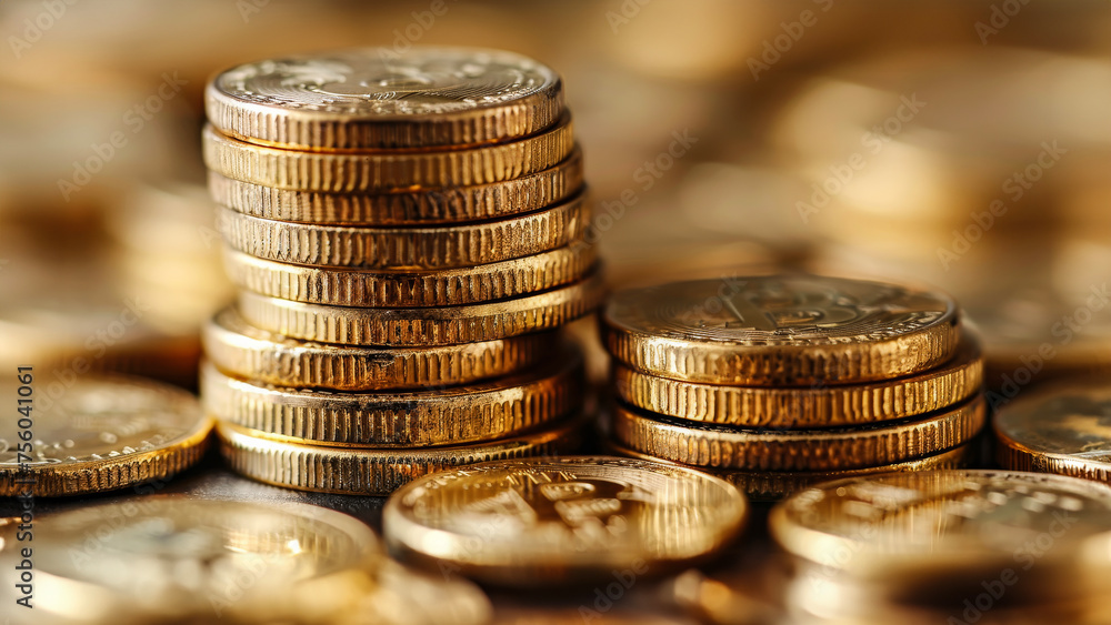 A pile of golden bitcoins stacked on top of each other A pile of golden bitcoins stacked on top of each other