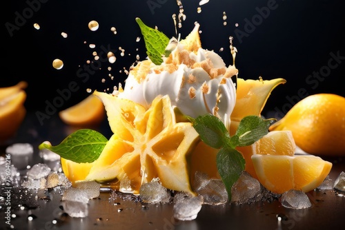 Dessert of ice cream with star shaped carambola garnish is made of crushed almonds  orange slices. For summer dessert  unique culinary presentation  digital restaurant menus  food delivery apps.