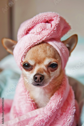 Cute funny chihuahua dog wearing towel after bath, dog spa and grooming concept. Generative ai
