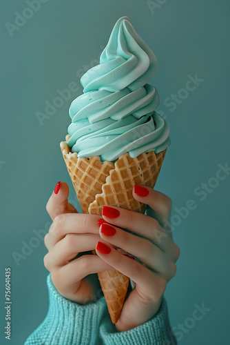 Hands with red nail polish holding ice cream of mint flavor, generative ai