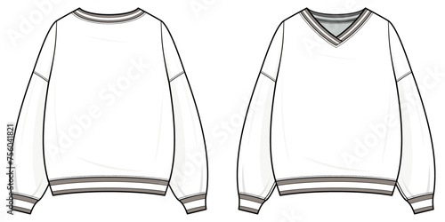 Oversized Varsity sweater technical fashion illustration. Varsity sweater vector template illustration. front and back view. Long sleeve. drop shoulder. unisex. white color. CAD mockup.