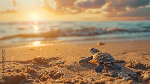 Little sea turtle on the sandy beach in morning time. Baby green turtle. Sea animals 