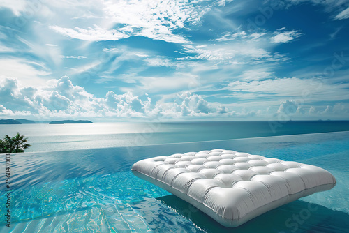 White inflatable mattress with no people floating in the infinity pool, luxury travel, generative ai