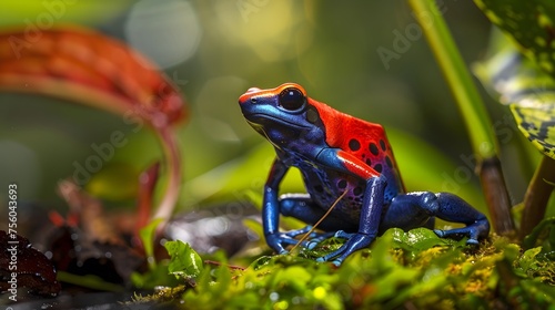 macro of a red and blue poison dart frog sitting in a tropical rainforest 