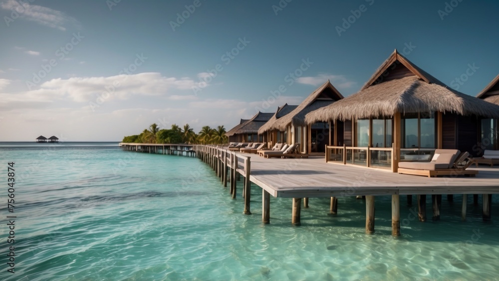 Sumptuous beachfront retreat on the idyllic shores of the Maldives, boasting unparalleled views of turquoise waters and overwater bungalows with direct access to the Ocean