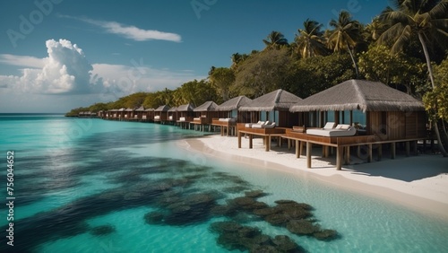 Sumptuous beachfront retreat on the idyllic shores of the Maldives, boasting unparalleled views of turquoise waters and overwater bungalows with direct access to the Ocean