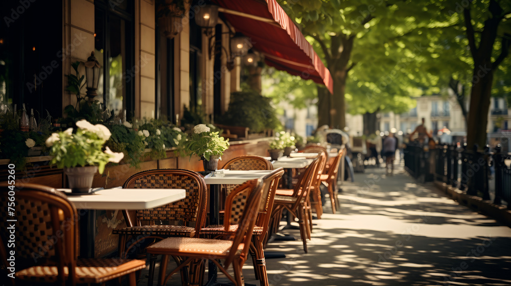serene atmosphere of an empty street cafe with wicker chairs and tables lining the sidewalk, bathed in the warm glow of the early morning sun - Generative AI