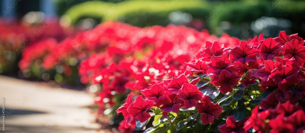 A row of vibrant red flowers lining a garden sidewalk, creating a stunning display of color against the green grass and shrubs in the natural landscape A row of vibrant red flowers lining a garden sidewalk, creating a stunning display of color against the green grass and shrubs in the natural landscape