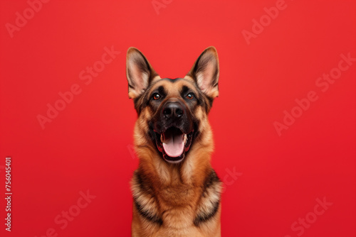 A German Shepherd dog is sitting in front of a vibrant red background. The dog looks alert and excited, showcasing its loyalty and intelligence, copy space