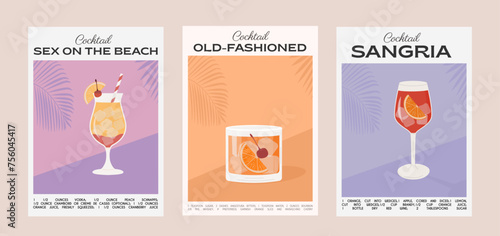 Old Fashioned, Sex on the beach and Long Island Iced Tea Cocktail. Classic alcohol beverage recipe. Modern trendy graphic print. Summer aperitif wall art. Minimalist poster with garnish drink. Vector.