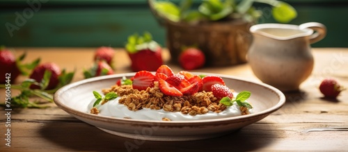 A delicious bowl of granola with yogurt and strawberries displayed on a rustic wooden table, surrounded by a houseplant and a flowerpot
