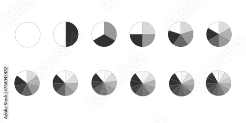 Circle divides into slices from 1 to 12. Donut or pie chart templates. Round shapes cut in equal parts. Set of segmented wheel diagrams isolated on white background. Vector graphic illustration.