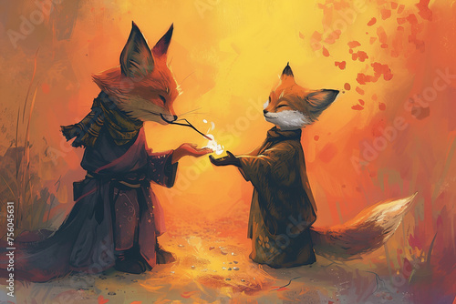 A painting depicting two foxes standing upright and holding hands with each other