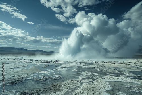 A large geyser forcefully spews water into the sky, creating an impressive display of natures power