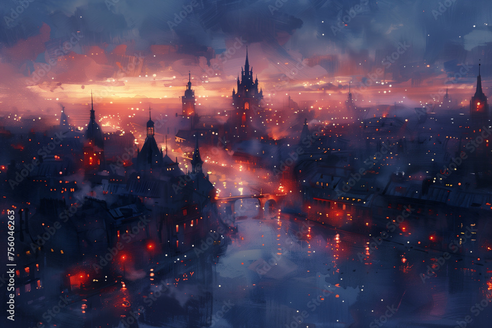 A painting depicting the city skyline illuminated by the lights at night during twilight - obrazy, fototapety, plakaty 