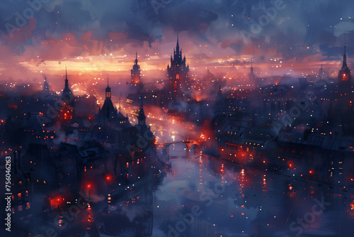 A painting depicting the city skyline illuminated by the lights at night during twilight