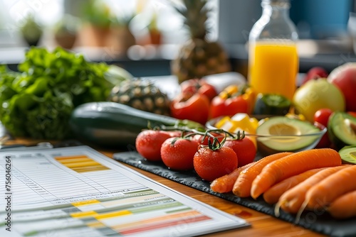 Fresh Vegetables and Fruits with Calculator and Grocery List, To convey the message of healthy eating and meal planning through a visually appealing photo