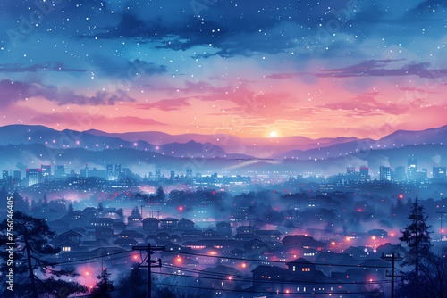 A painting depicting a city beneath twilight skies with mountains in the background © alenagurenchuk