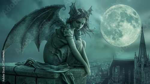 Moonlit Gargoyle Beauty Overlooking City with Dramatic Clouds