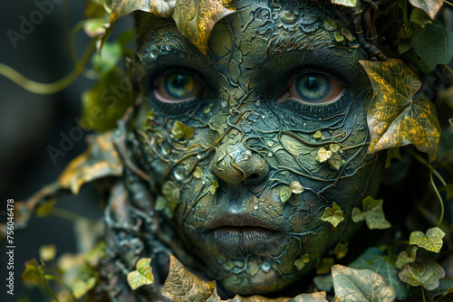 Close-up of a womans face  completely covered with green leaves  creating a striking and unusual visual contrast