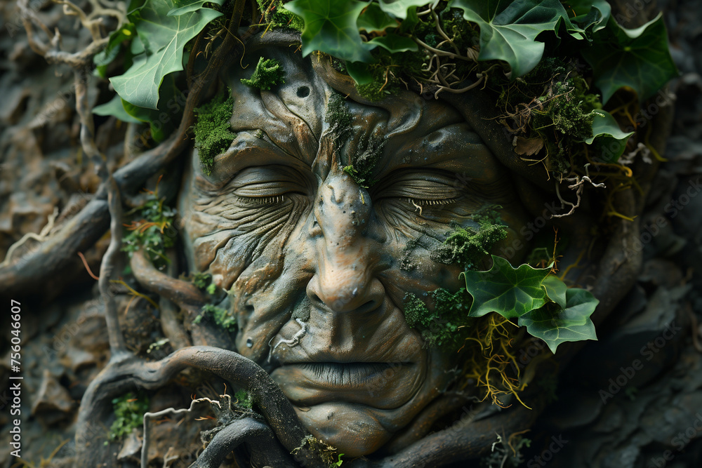 A painting of a face with trees sprouting from it, depicting a surreal merging of human and nature elements A painting of a face with trees sprouting from it, depicting a surreal merging of human and nature elements