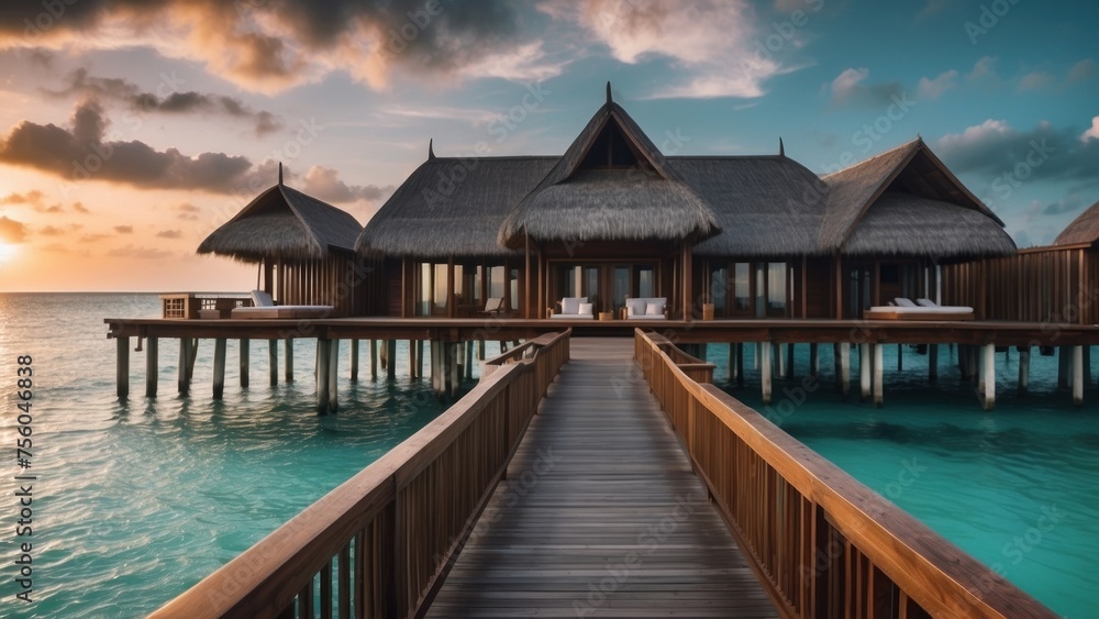 Sumptuous beachfront retreat on the idyllic shores of the Maldives, boasting unparalleled views of turquoise waters and overwater bungalows with direct access to the Ocean