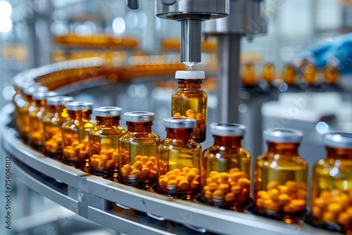 Pharmaceutical Bottles on Conveyor Belt during Production, To convey the industrial process of pharmaceutical medicine production