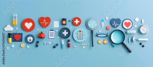 Photorealistic Medical Icons on Blue Background, To represent healthcare and medical technology in a modern and visually appealing way