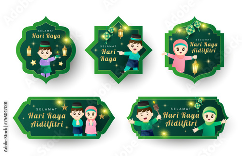 Cute Ramadan Raya with muslim boy and girl label collection. Holiday festive cartoon character vector sticker set.