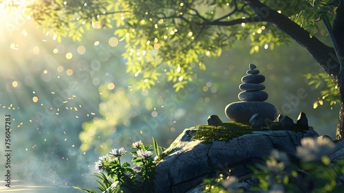 Zen Stone Cairns in Tranquil Gardenscape, To convey a sense of tranquility and mindfulness, perfect for a background image or as a focal point in a