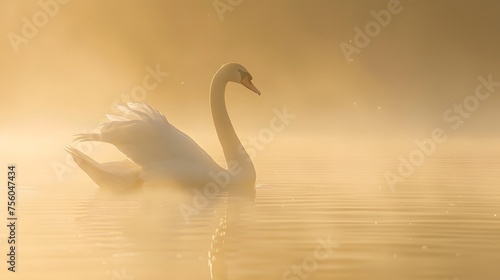 Mute swan Cygnus olor gliding across a mist covered lake at dawn 