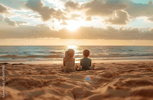 Children Watching Sunset on the Beach, To convey a sense of peace and tranquility, perfect for a relaxing vacation or summertime advertisement