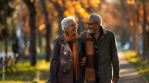 Elderly Couple Walking Hand in Hand in the Fall Park, To convey a sense of companionship and joy in the golden years