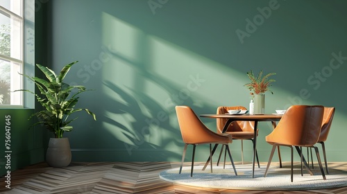 Orange leather chairs at round dining table against green wall. Scandinavian, mid-century home interior design of modern living room. 